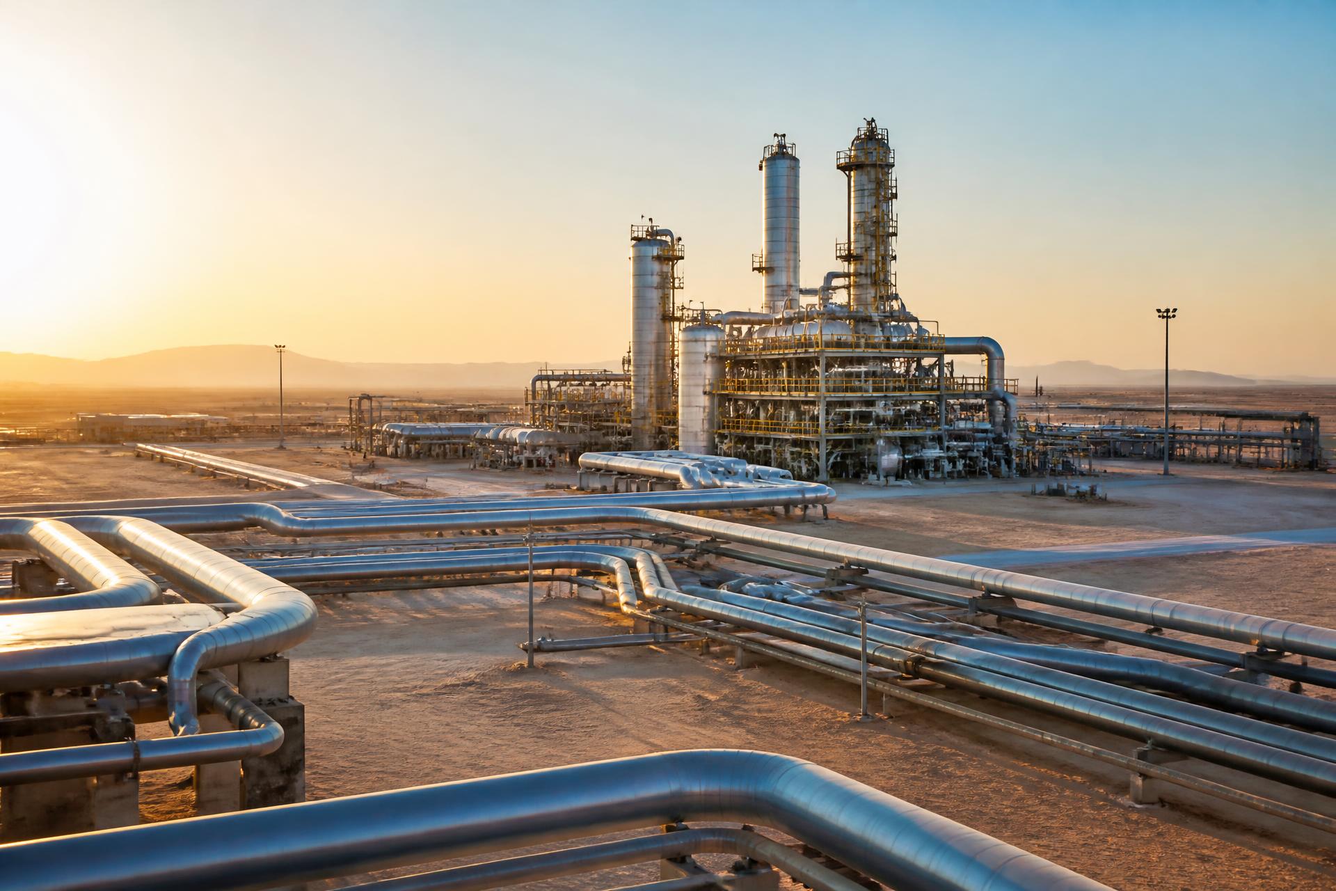 Gas processing plant and pipeline network at dawn