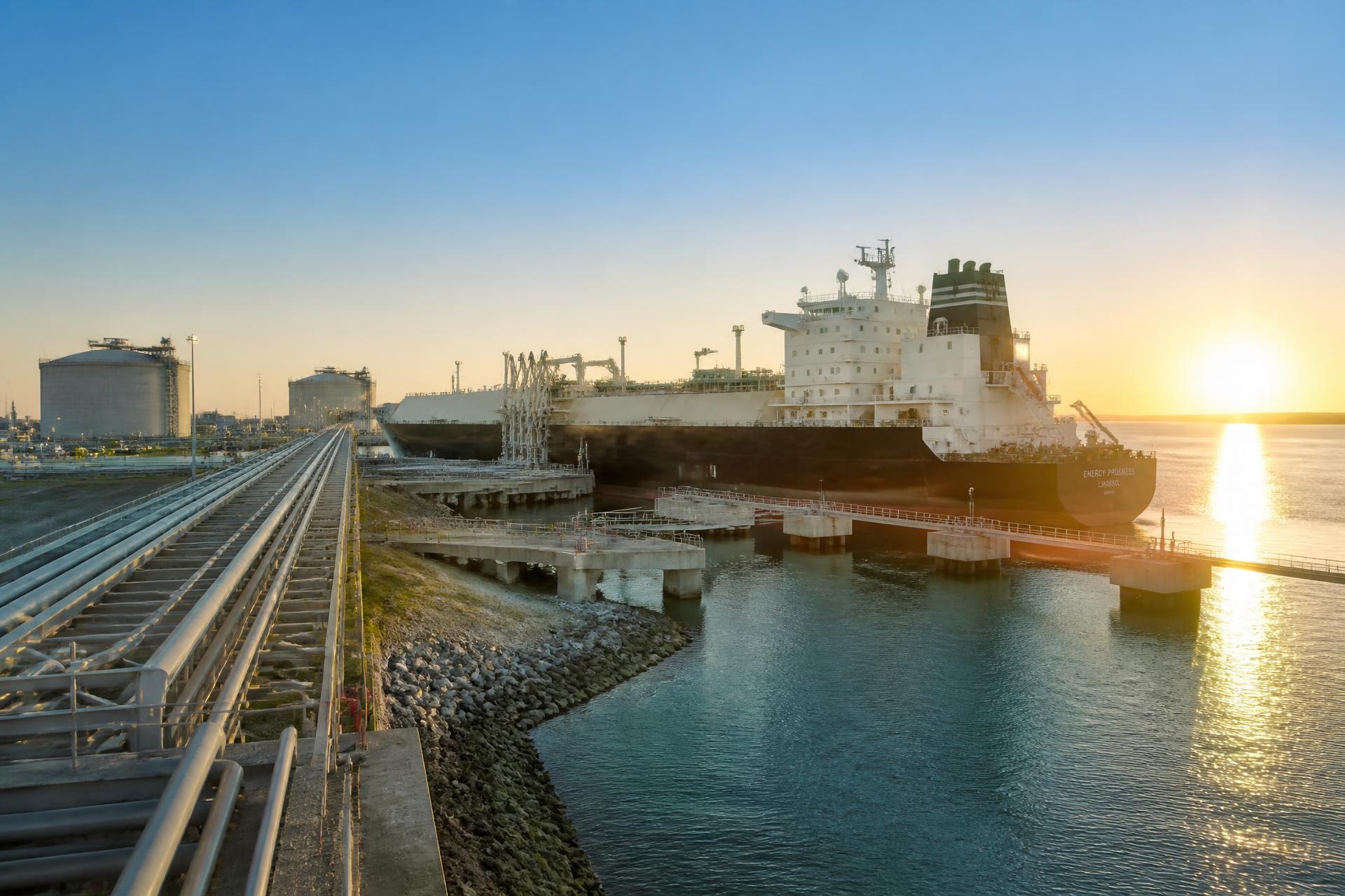 LNG carrier docked at an energy export terminal